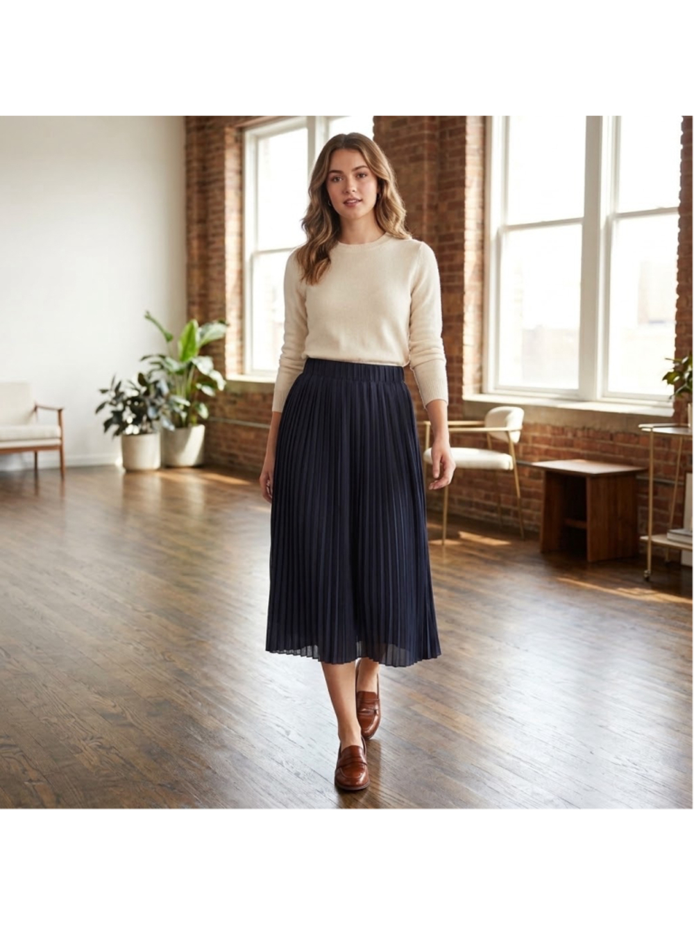 ZARA Basic Collection Black Pleated Midi Chiffon Accordion Skirt Elastic Waist S